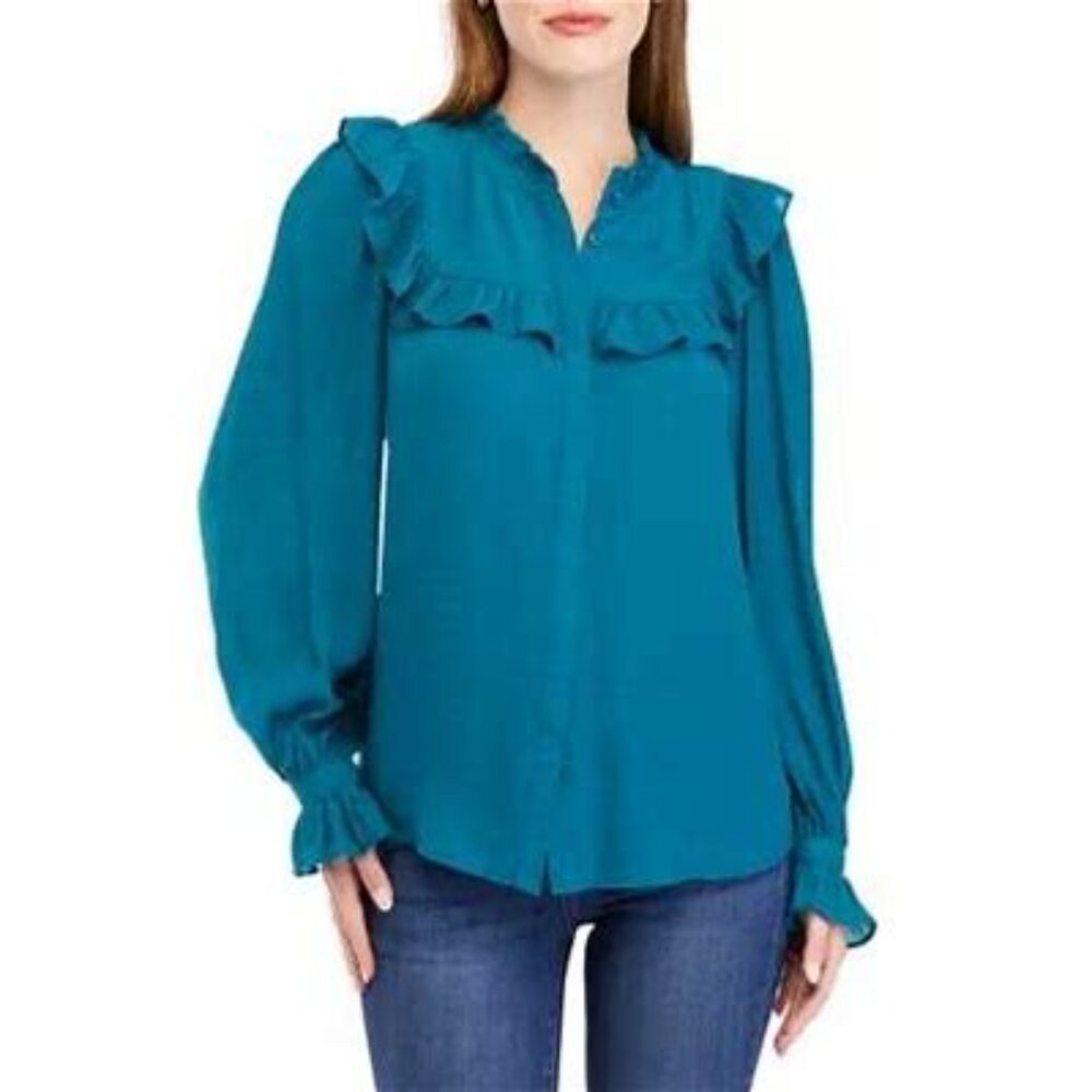 Wonderly Teal Button Down Blouse Split Neck Balloon Sleeves Ladies PM Petite